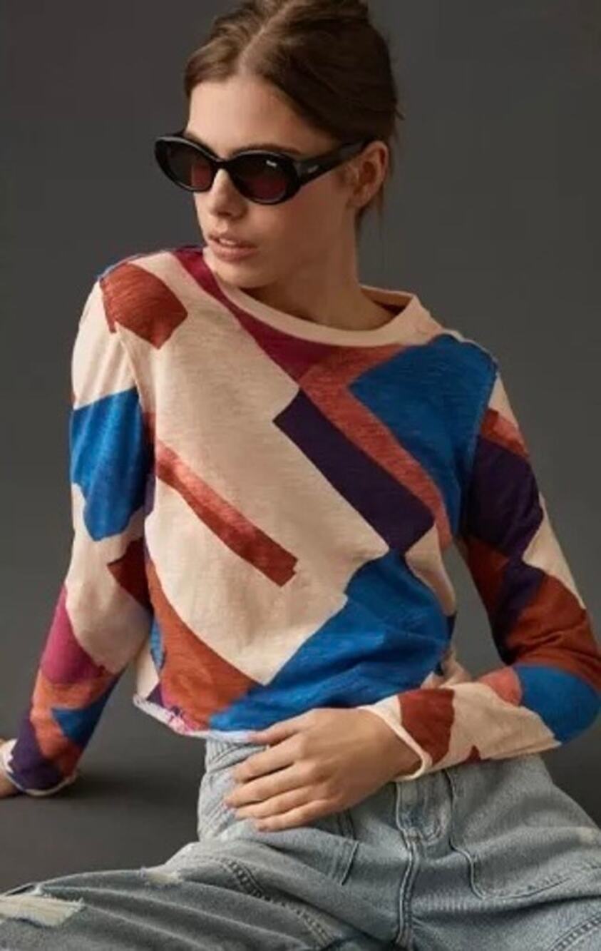Maeve Anthropologie Abstract Geometric Long Sleeve Printed Tee Size Small